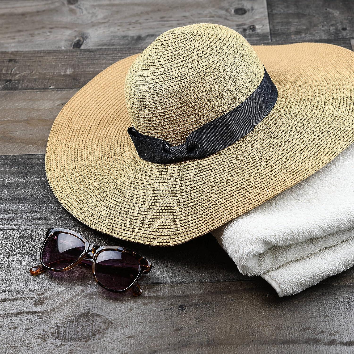 Women Floppy Sun Hat with Wide BrimFoldable Roll-Up Straw Beach Hat UPF 50  Khaki Large