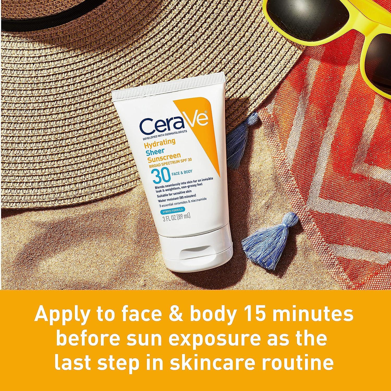 CeraVe Hydrating Sheer Sunscreen SPF 30 for Face and Body Mineral