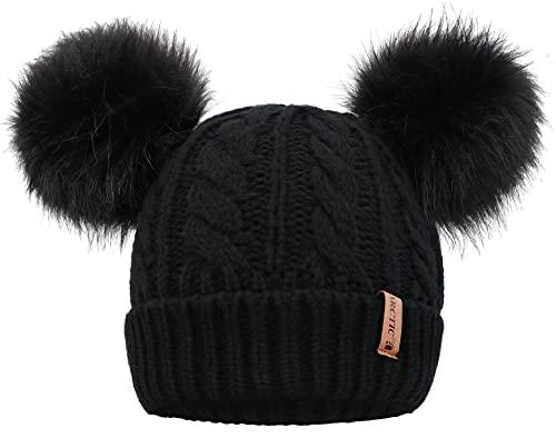 Women\'s Fleece Wool Lined Black Beanie Winter Warm Snow Knit Cross Pom Hat Cap Women main image 4