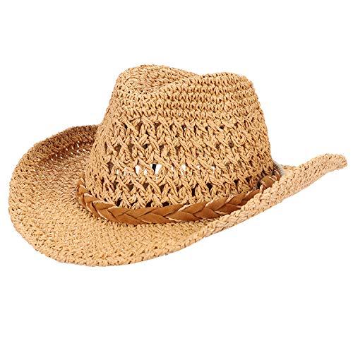Straw Cowboy Hat Wide Brim Sun Hat with Chin Strap - Khaki  display picture 1