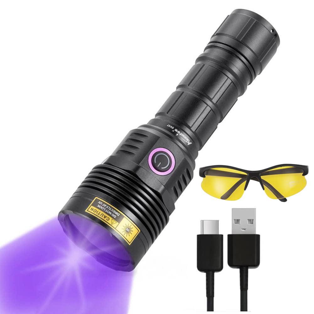 Alonefire SV18 12W 365nm Linterna UV Profesional USB Recargable Linterna Ultravioleta Potente Mascotas Orina Detector para Curado de Resina, Mancha seca con Gafas de Protección UV, Batería Incluida