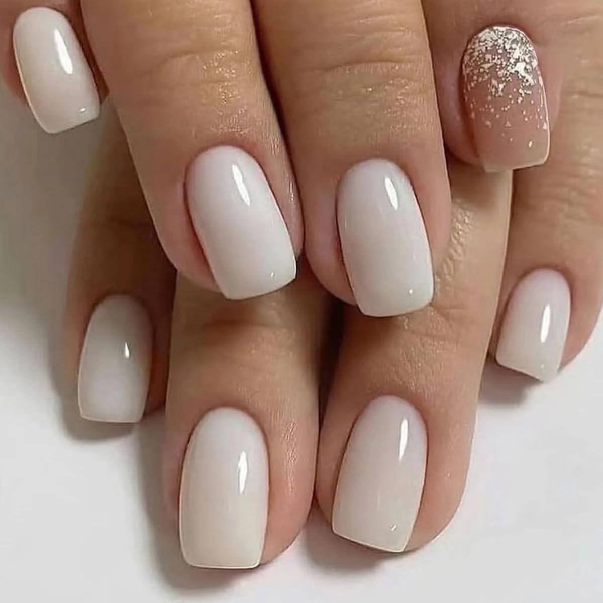 MouYou 24 Stück Press On Nails Kurz, Square - Silber Glitter French Tips, Inkl. Nagelkleber