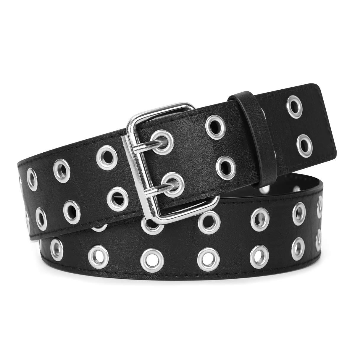 4292 Double Grommet Leather Belt For Women Men Goth Studded Punk Jeans Double Grommet Belt PU Leather Punk Belt for Women Men Jeans  main image 4
