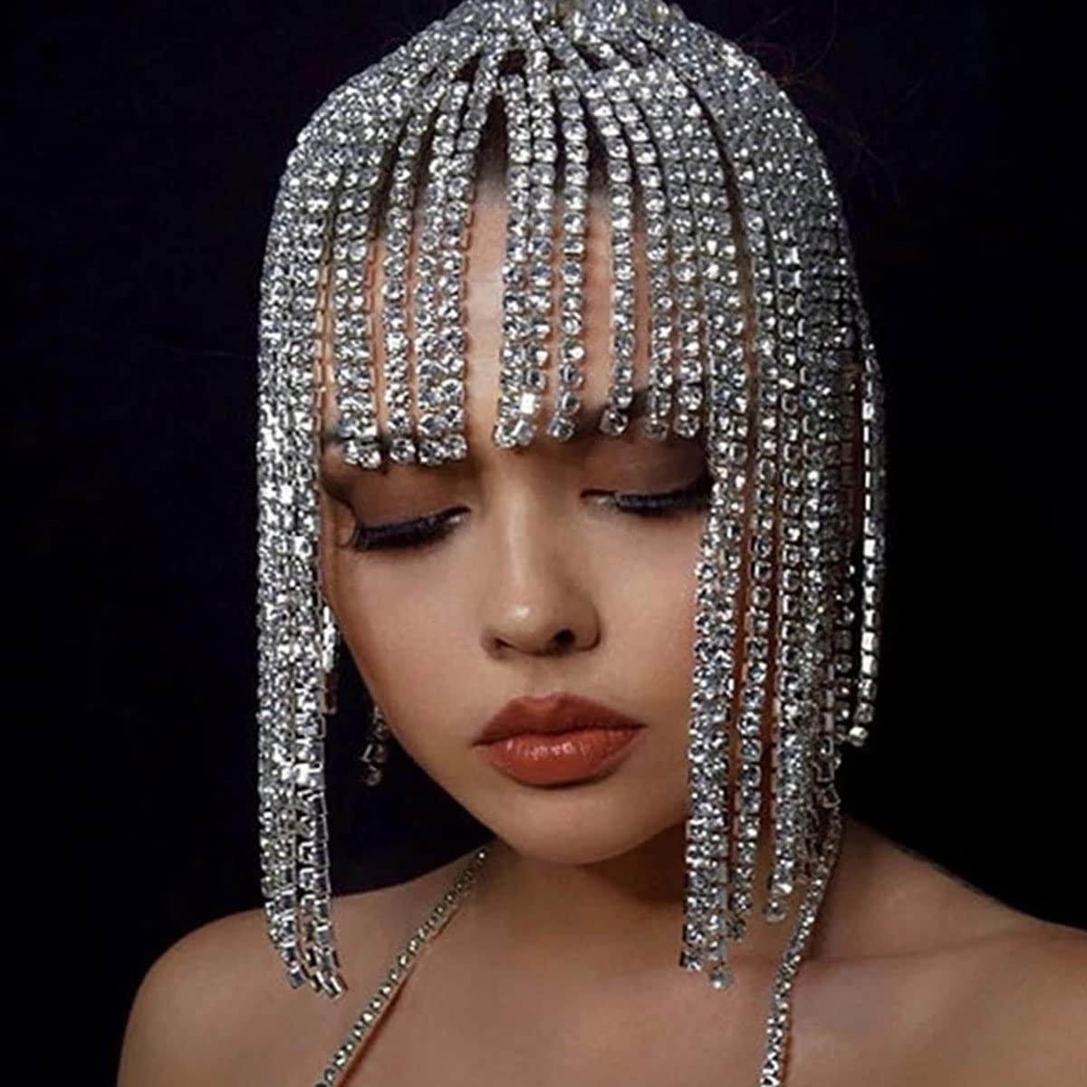 Long Rhinestone Headpiece Cap 1920s Tassel Crystal Flapper Head Chain Belly STONEFANS Rhinestone Tassel Headpiece - 1920s Flapper  main image 2