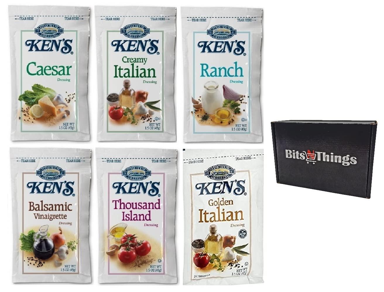 Ken's Salad Dressing Packets Variety Pack - 6 Flavors, 1.5 oz Each (Caesar, Ranch, Italian, Balsamic, Thousand Island, Golden) - 18 Packets Total