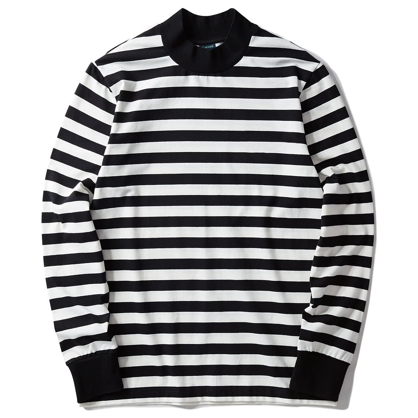 Zengjo Men's Striped Long Sleeve Mock Turtleneck Shirt - Black