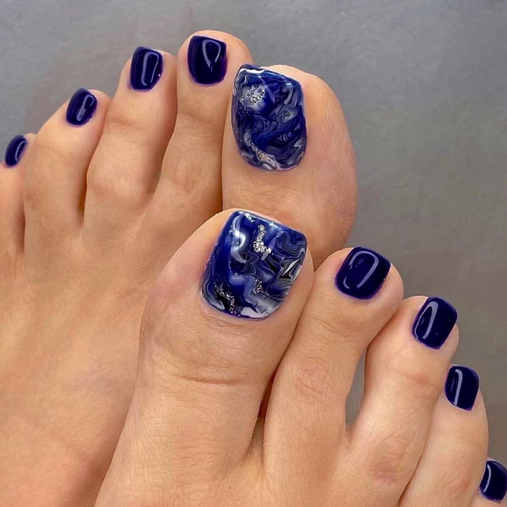 Short Press on Toenails Glossy Acrylic Square Fake Nails with Glue Blue  Marble with Glitter Designs Artificial Nails Full Cover Static ToeNail Tips  Coffin Stick on Nails False ToeNails for Women 24PCS