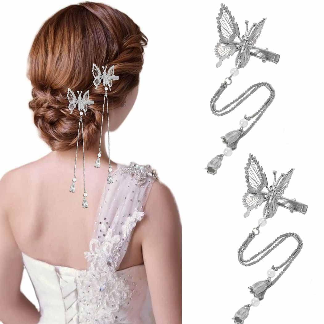 Silver Butterfly Hair Pins - Tassel Hair Barrettes for Bride  display picture 1