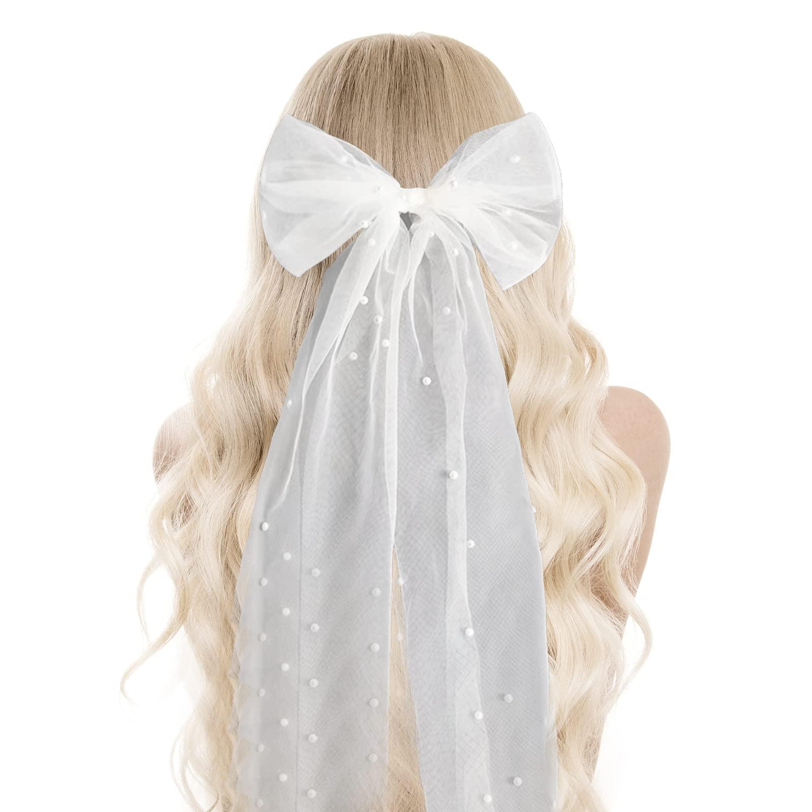 ? Women White Clip Bachelorette Party Decorations Pearl Bow Accessories Juinte Bridal Hair Bow Veil Bachelorette Party Pearl Clip  main image 2