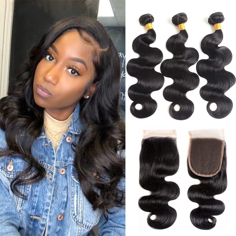 Human Hair Weave Bundles with Lace Closure 14 16 18 Inch Brazilian Virgin Amazon.com : Bundles with Closure Human Hair Body Wave 12 14  main image 3