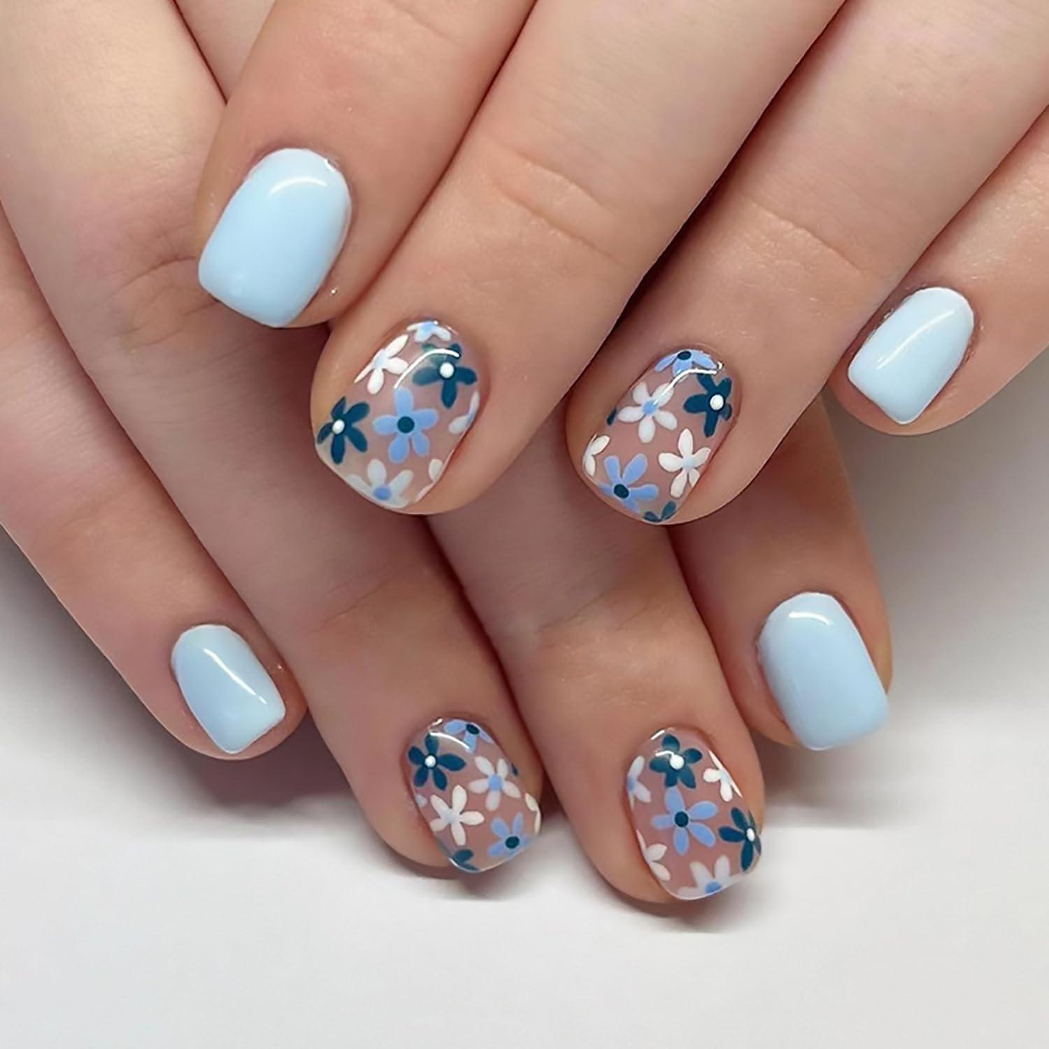 Timeless Light Blue Floral Nails