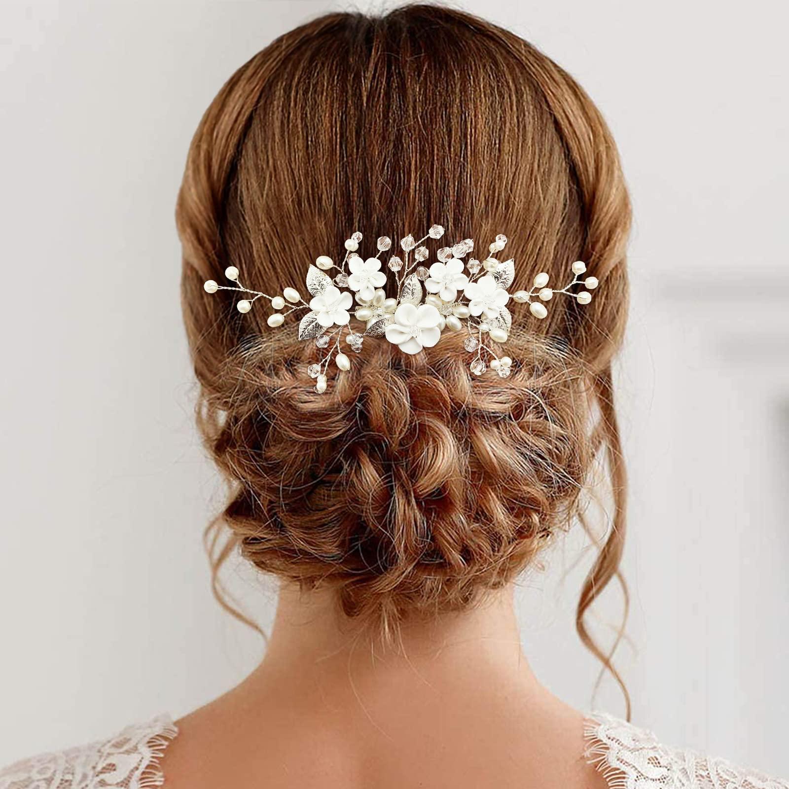 White Flower Bridal Hair Vine with Pearl, Rhinestone, and  display picture 3