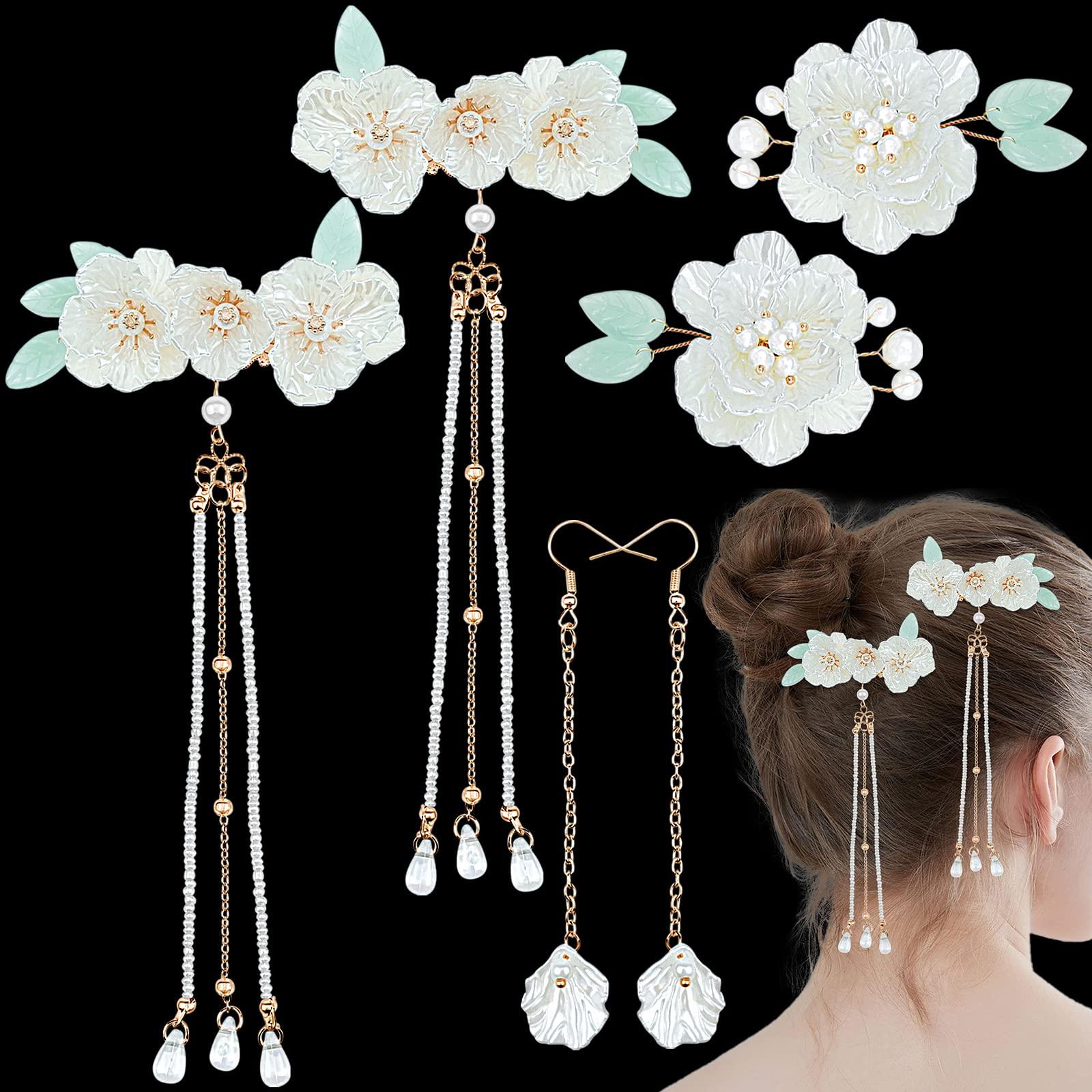 Elegant White Flower Tassel Hairpins Set | Faux Pearl Non-Slip Wedding Lily of the Valley Hair Pin, Bridal Pearl Tassel Hair  main image 4