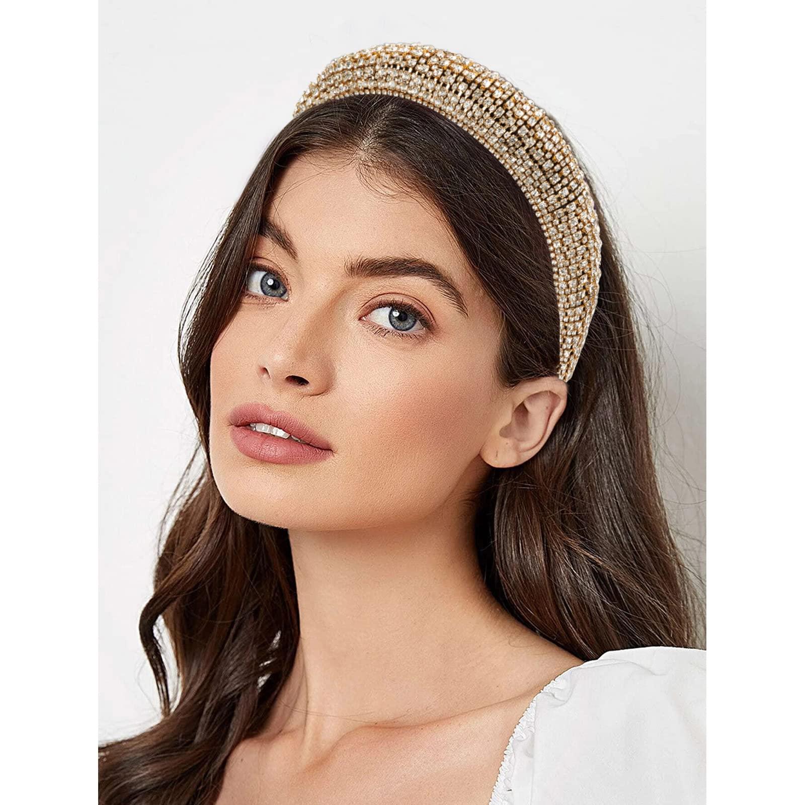 Cream Padded Satin Headband with Rhinestone Crest: GENERIC BRAND Tori Headband in Satin -- Cream – Jennifer Behr LLC main image 2