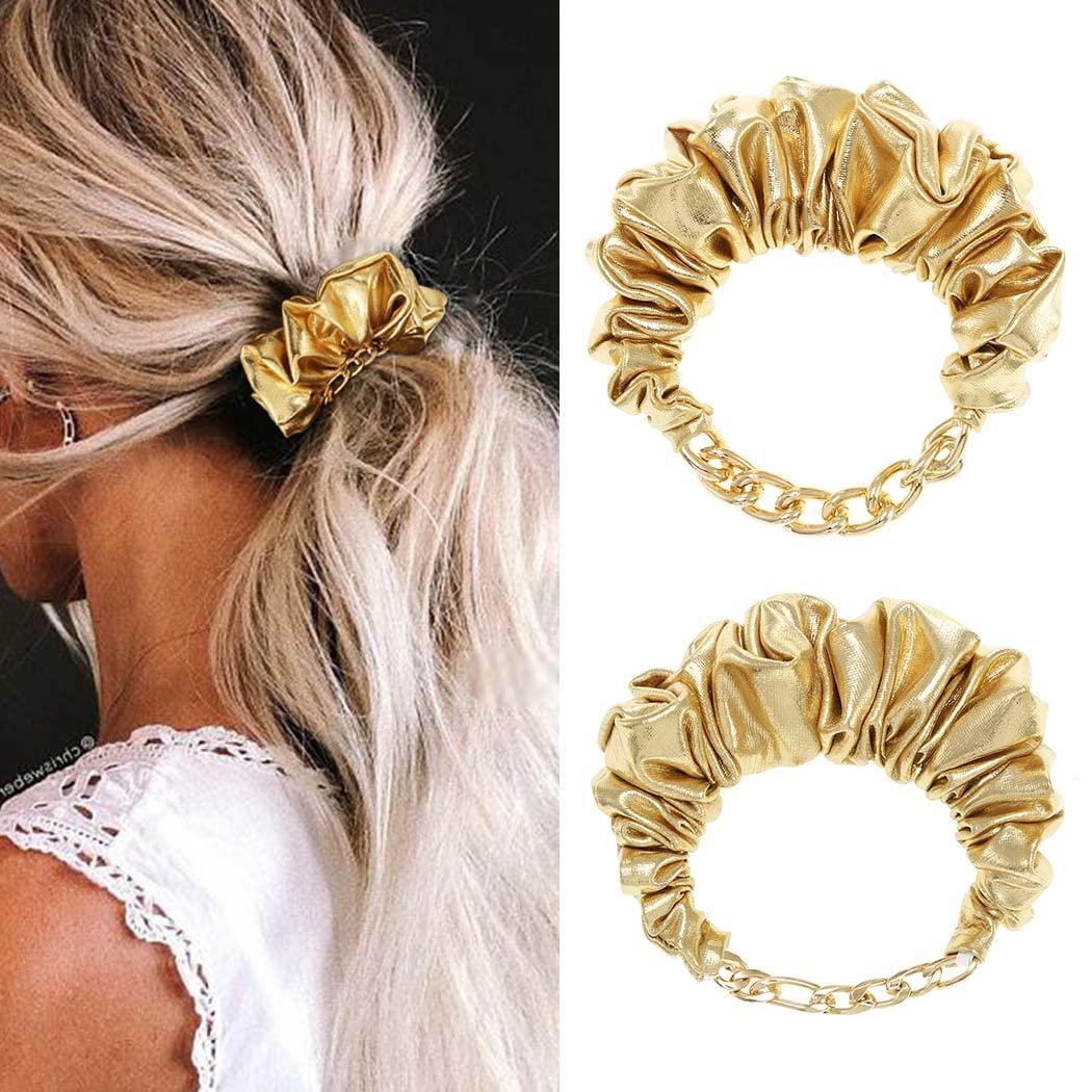 Bartosi Gold Hair Scrunchies - Pack of 2 | Elastic Hair Ties for