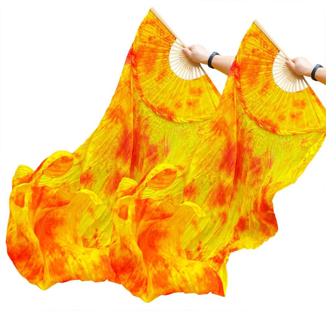 Beyiwenoo Premium Silk Belly Dance Fan Veil - 1 Pair (Orange) - 71 
