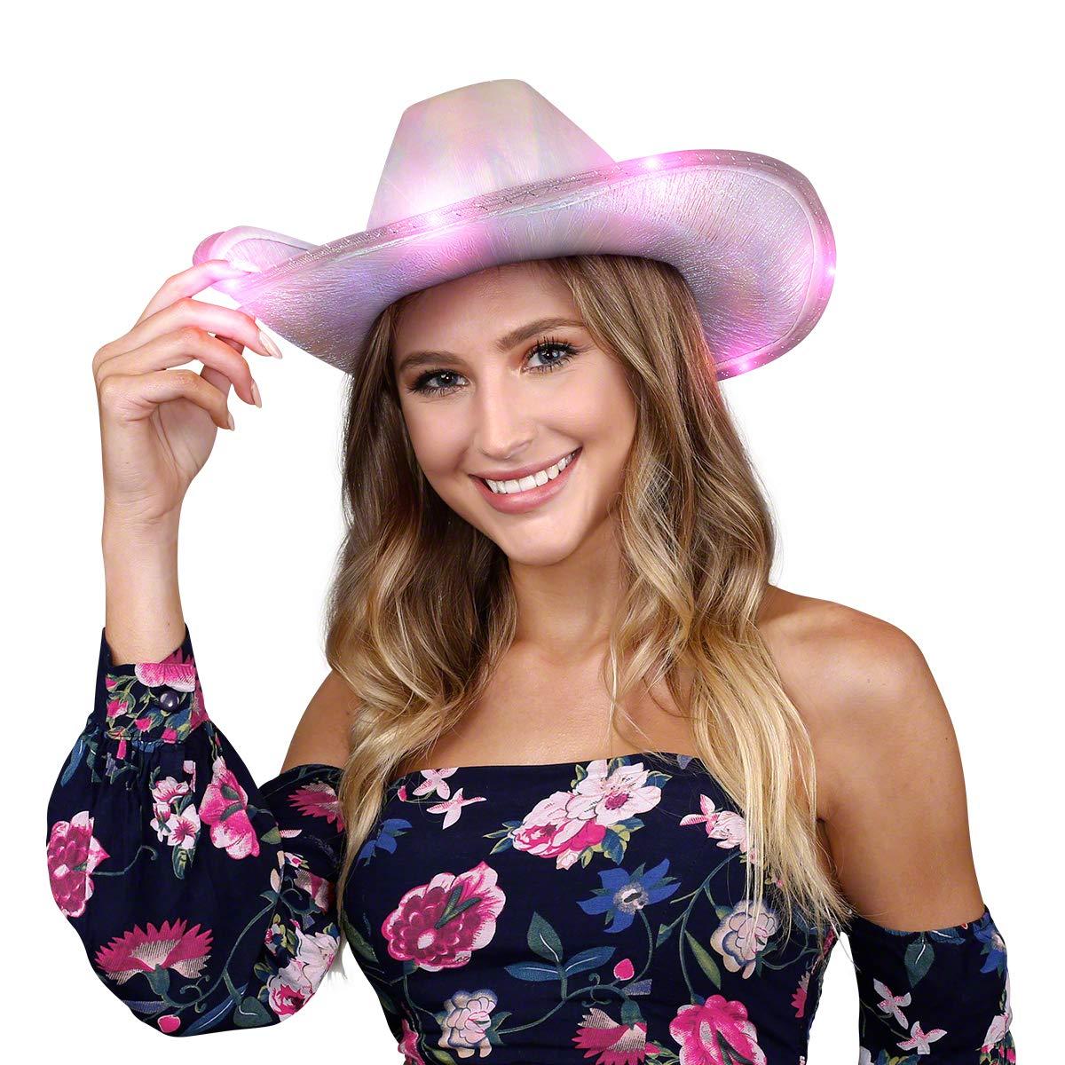 Light Up Iridescent Pink Space Cowgirl Hat with Pink LEDs 