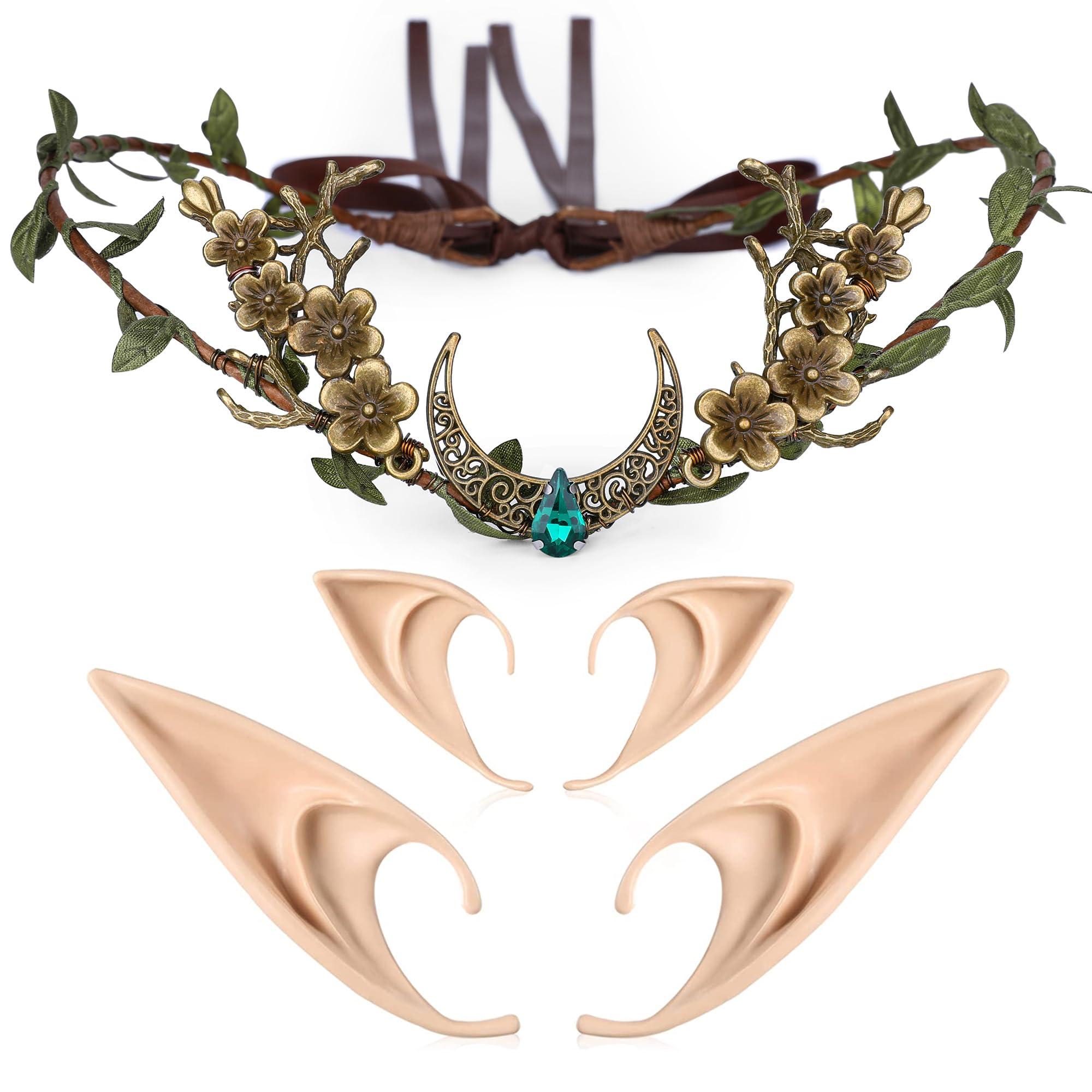 Fairy Flower Leaf Crown Tiara Elf Headpiece Cosplay Headband with Ear Cuffs MOSTORY Handmade White Antler Fairy Crown Green Forest Elf  main image 3