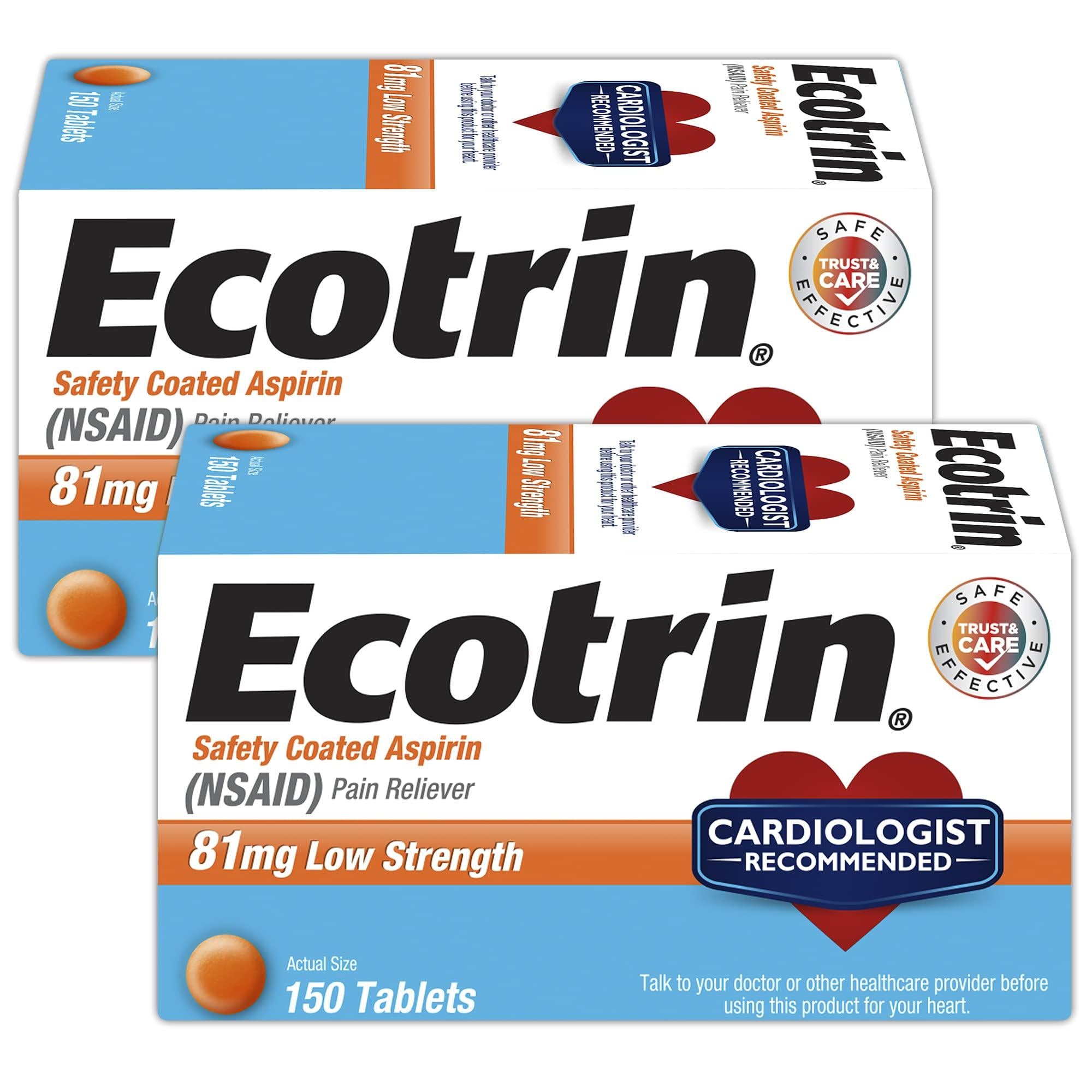 Ecotrin 81 mg Low Strength Aspirin | 150 Tablets x 2 Pack | Safety ...