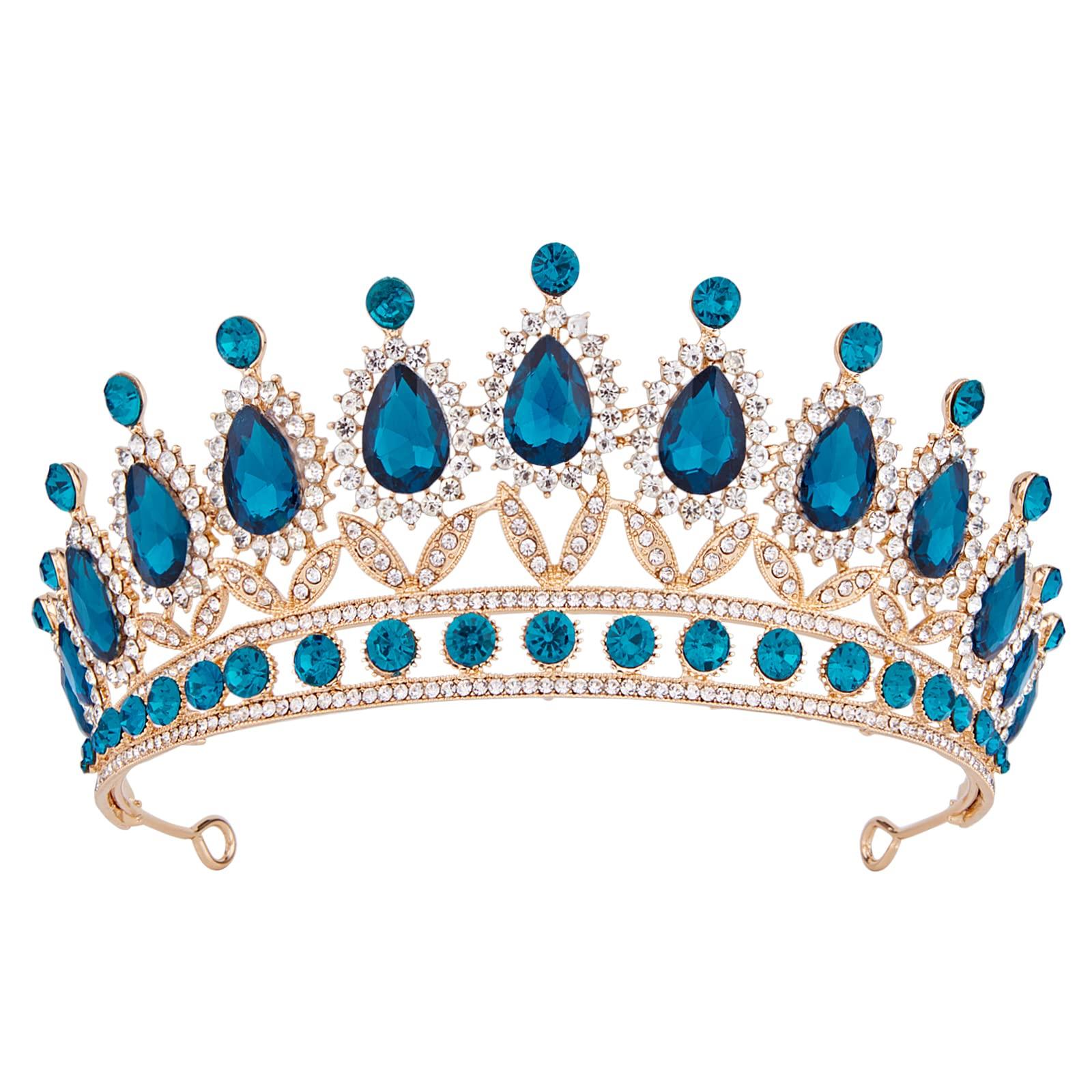 Vofler Gold Tiara with Teal Blue Crystal - Royal Queen 