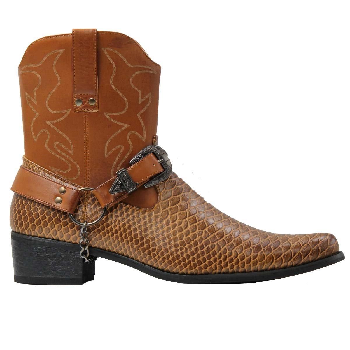 Men\'s Brown Faux Leather Fashionable Metal Chain Design Western Cowboy Boots Mens Real Leather Cowboy Boots with Chain: Buy Online  main image 3