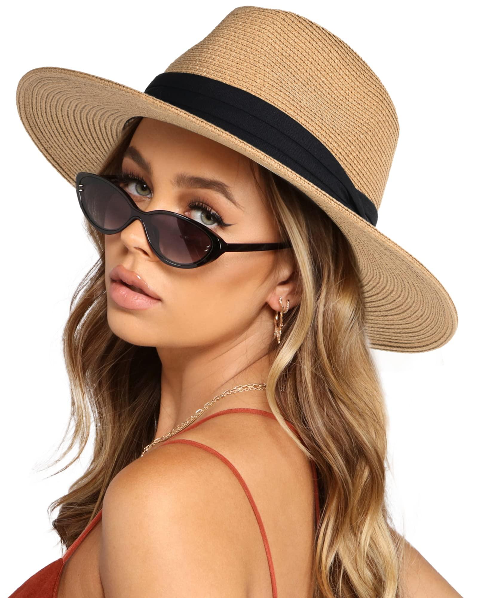 Straw Fedora Sun Hat Wide Brim Panama Style Wind Lanyard UPF 80+ UPF Wide Brim Straw Panama Hat for Women Men - Khaki Medium  main image 2