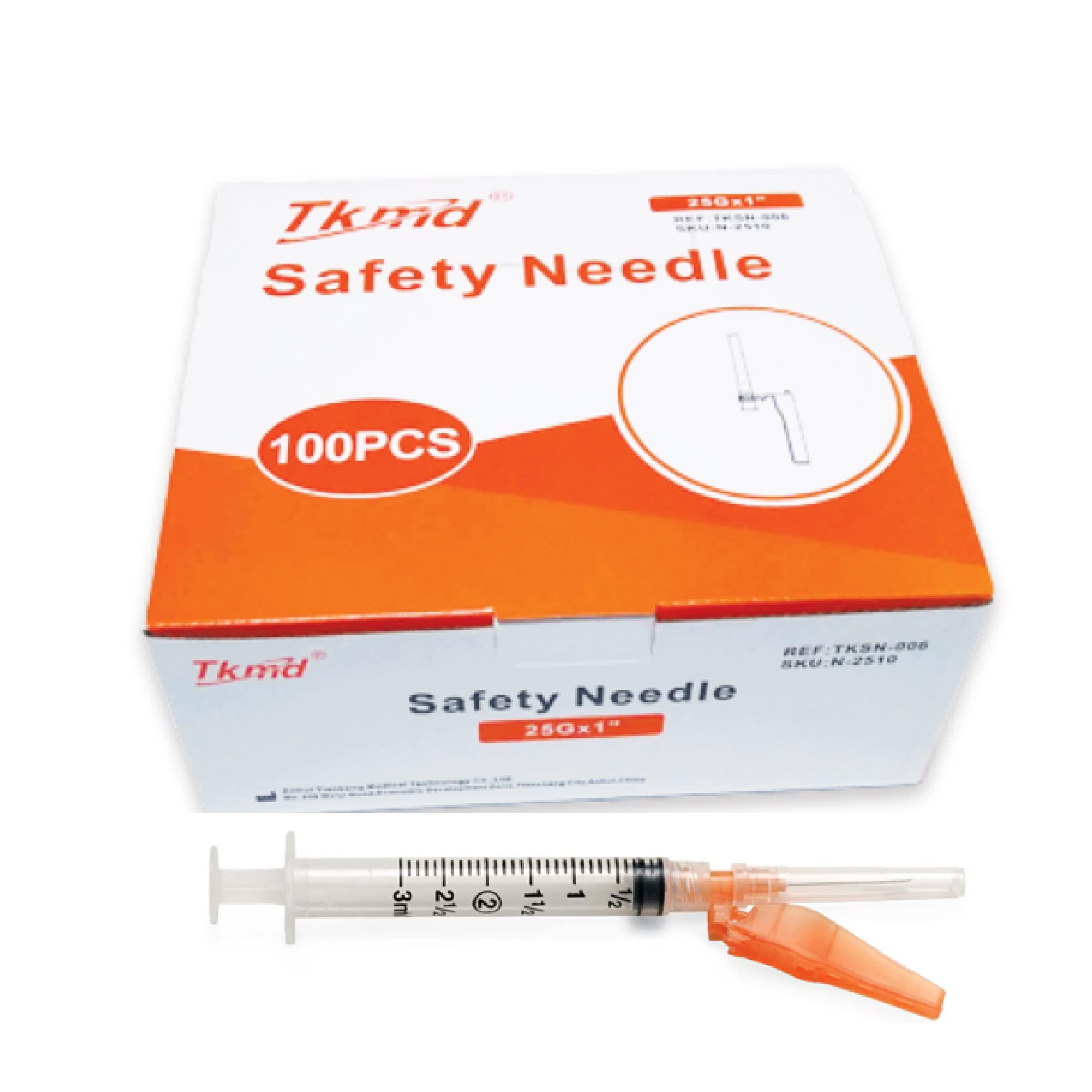 TKMD 25G x 1 Safety Needles Individually Wrapped Needles for Injections Box of 100 No Syringes Included