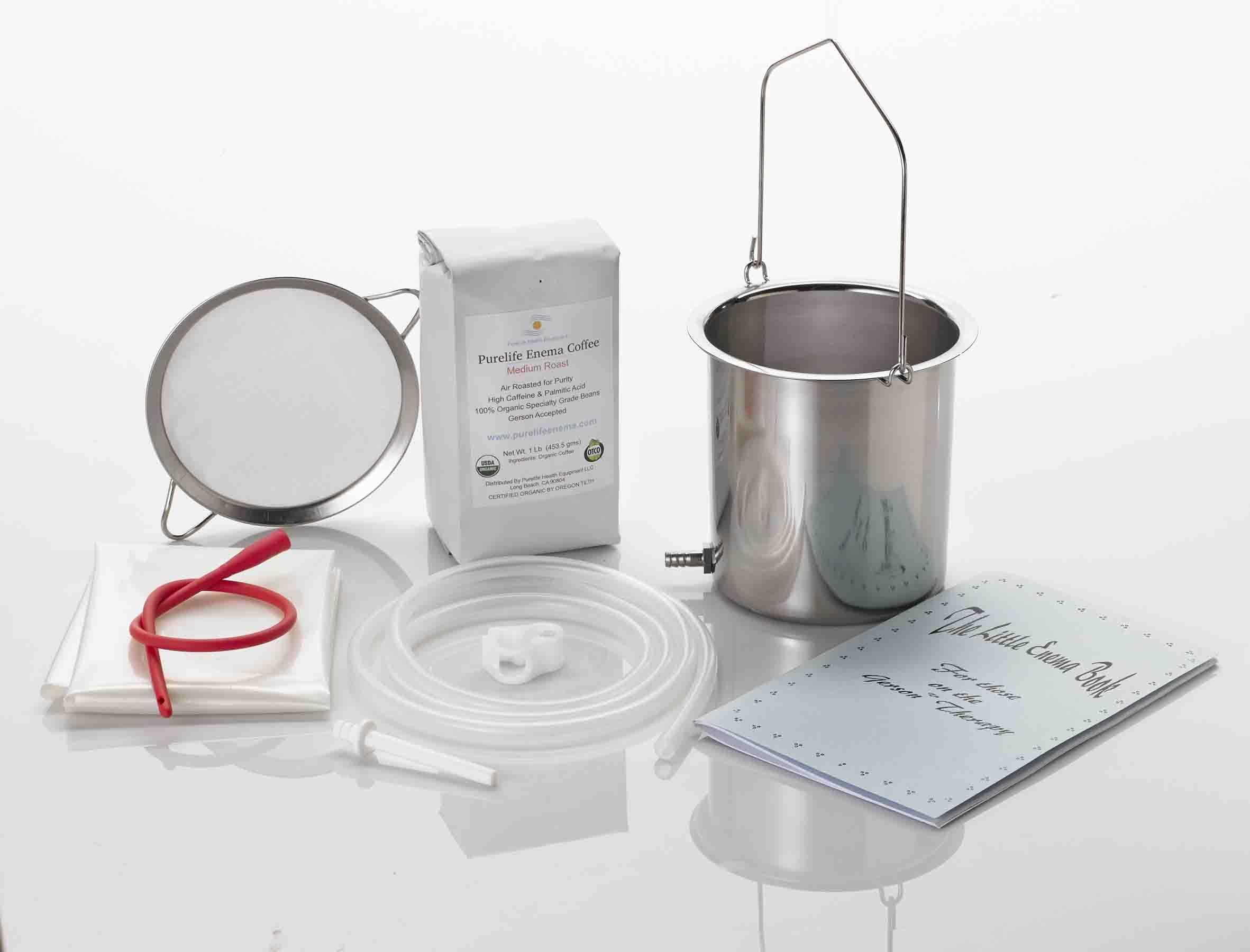 image of coffee enema kit including stainless steel buckets, tubing and Purelife enema coffee packaging