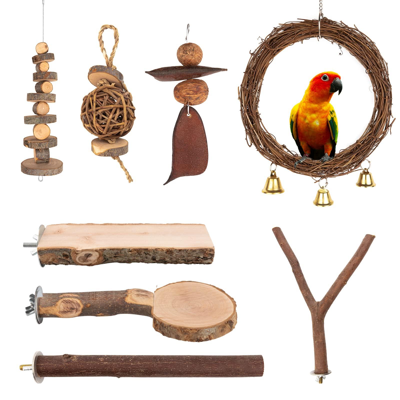 8-Pack Natural Wood Parrot Toys Set Bird Perches, Swing, Chewing