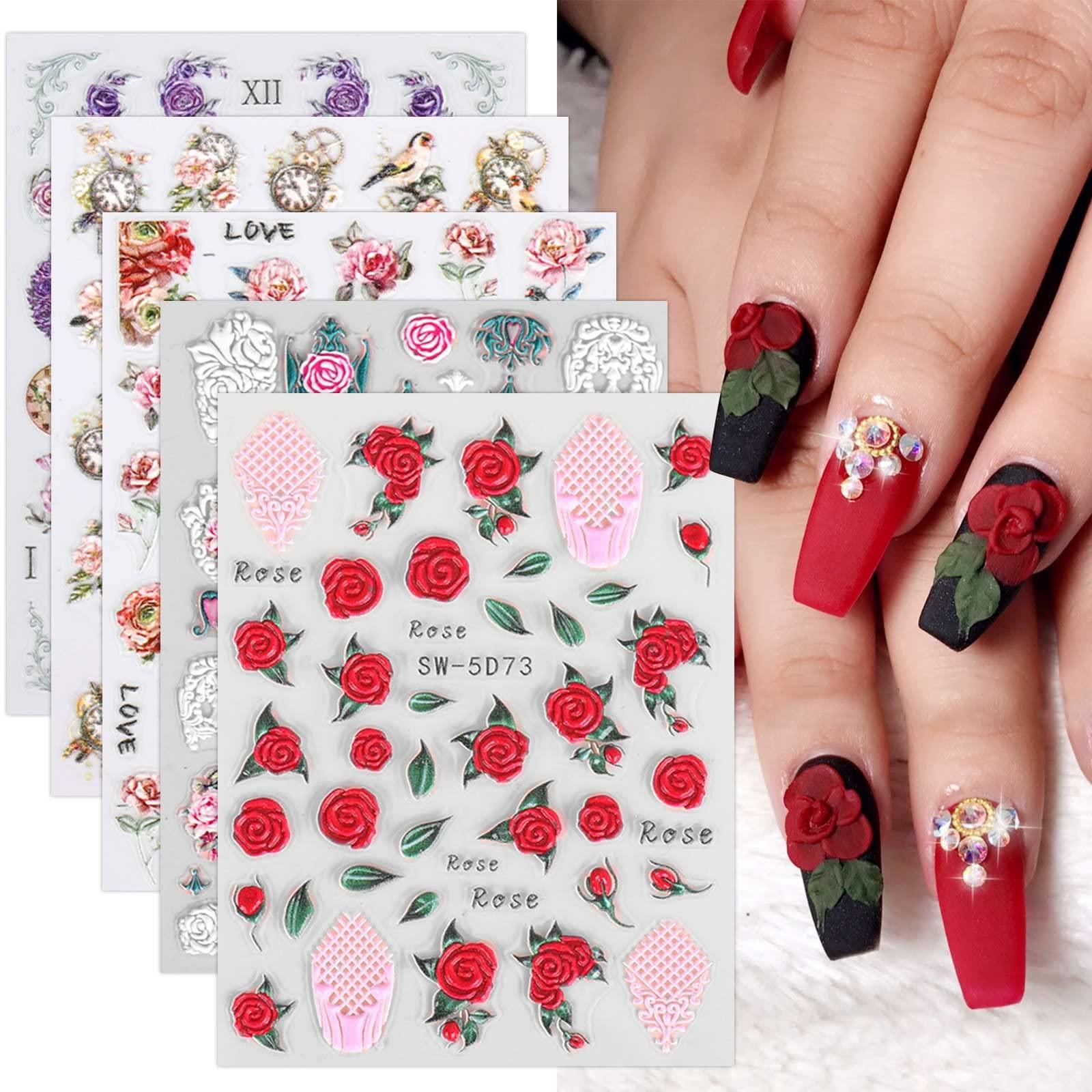 JMEOWIO 3D Blumen-Nagelsticker – Selbstklebend, 5D Floral, 4 Blätter Mit Bunten Blumenmotiven