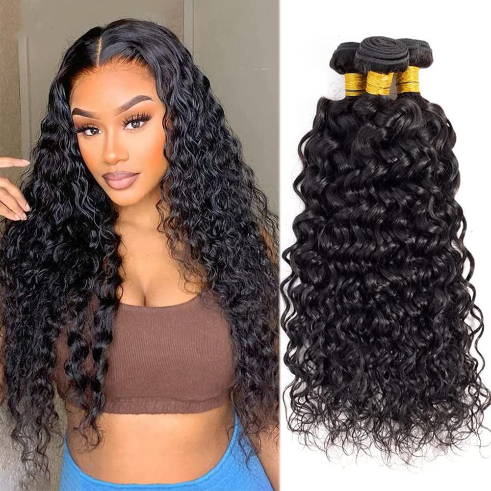 Brazilian Human Hair Extensions 3 Bundles Water Wave 18 20 22 Inches Amazon.com : Water Wave Bundles with Closure (20 22 24+18  main image 3