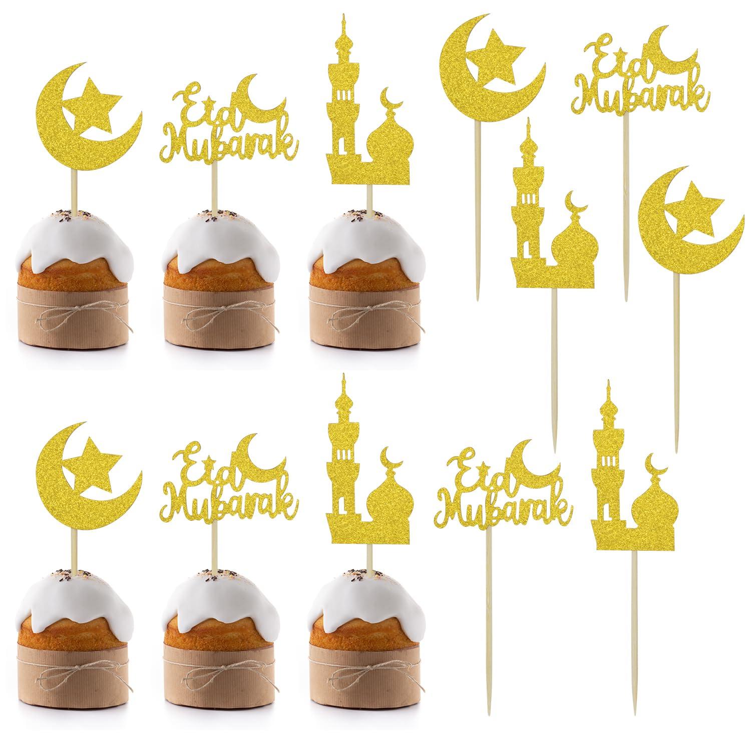 24 stuks Eid Mubarak cupcake-toppers, taartdecoratie met glittersterren