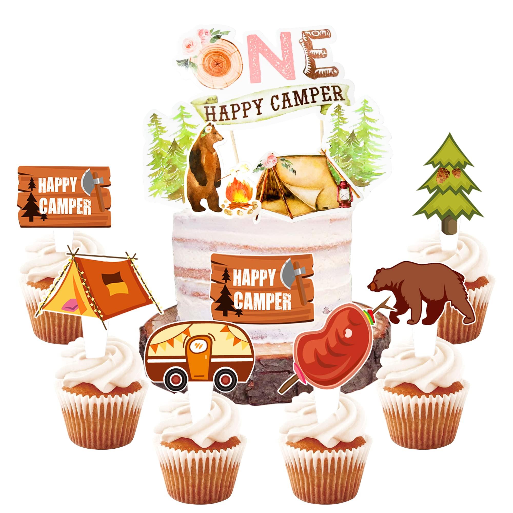 25-Piece Camping Cake Toppers Kit - Happy Camper Decor For Outdoor Theme Parties