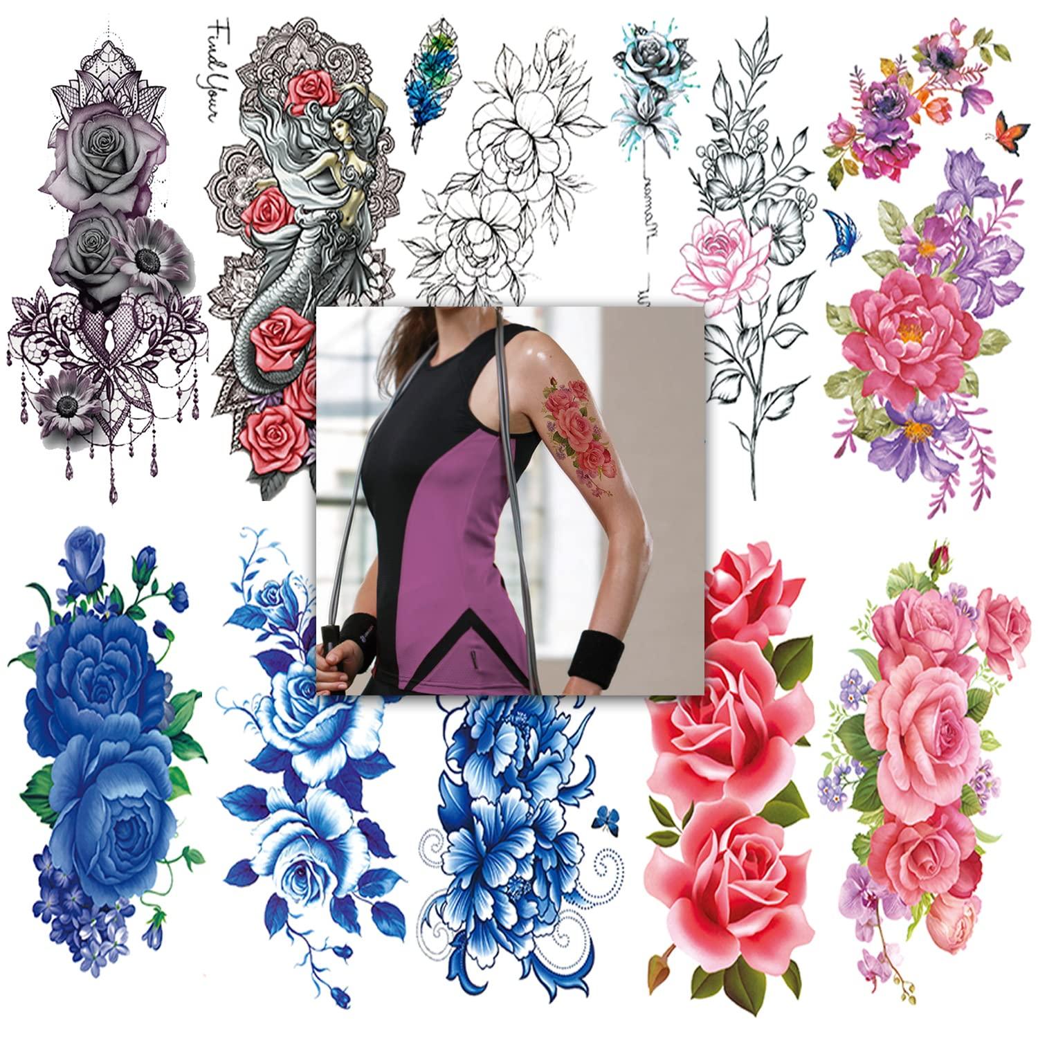 Large Rose Peony Temporary Tattoo Sleeves for Women Waterproof