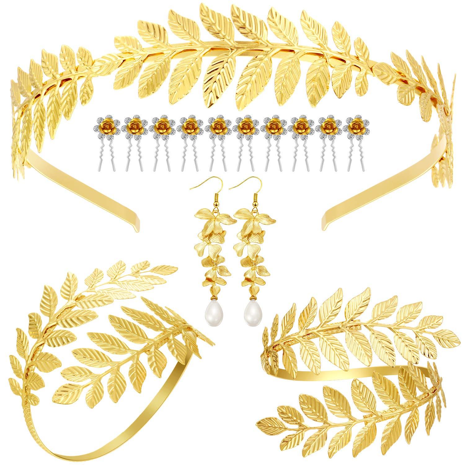 Greek Goddess Costume Accessories Set Pearl Crown Laurel Leaves Earrings 5pcs Gold Greek Goddess Costume Accessories, Headpiece  main image 2