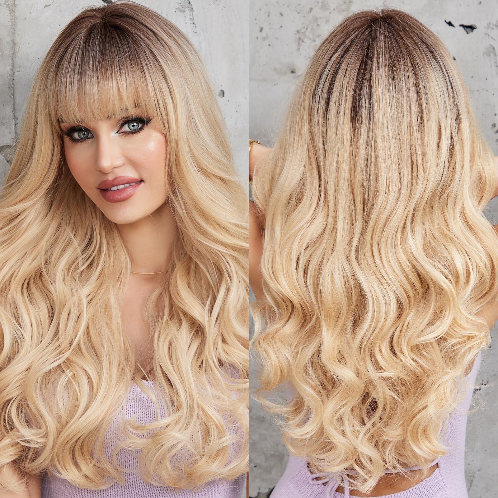 EMMOR Ombre Blonde Wigs with Bangs - Long Wavy Layered 