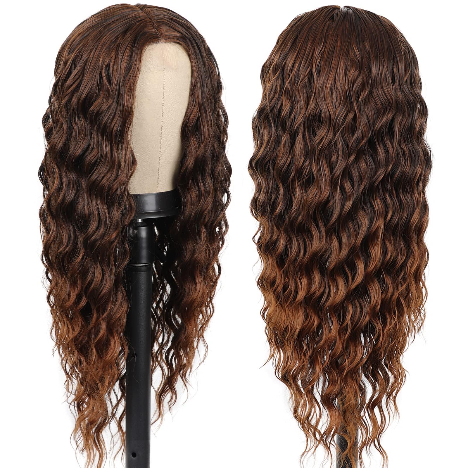 Women\'s Ombre Brown Heat Resistant Long Curly Wavy Synthetic Wig Bang Size 26In S4403f57985094fbaaaea829427b95  main image 2