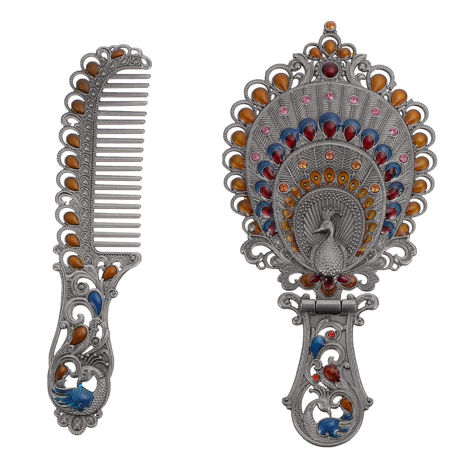 Heallily Vintage Peacock Mirror Comb Set - Metal Handheld 