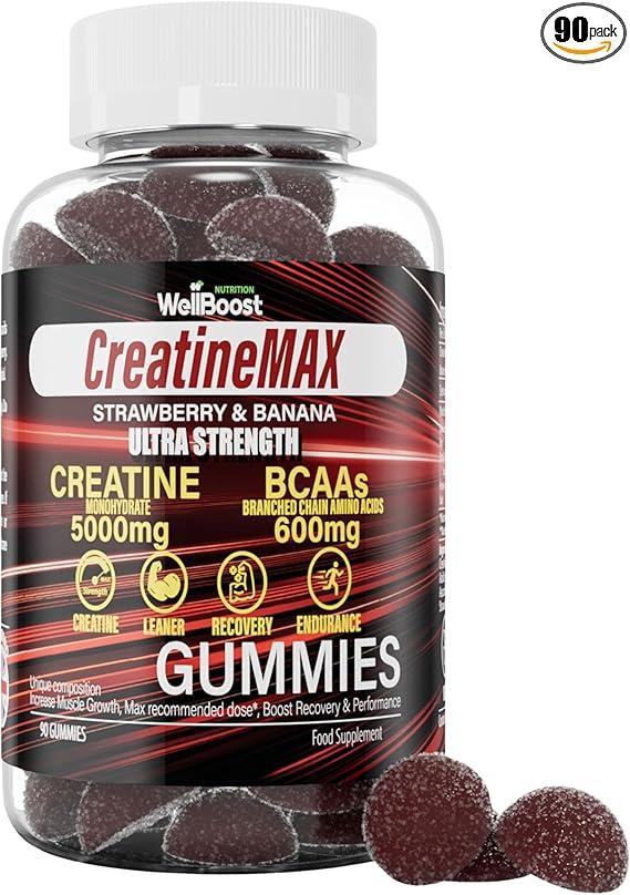 Creatine MAX 90 Chewable Vegan Gummies - 5000mg Creatine Monohydrate,  1000mg BCAAs - Sugar Free Mixed Berry Flavour | 1 Month Supply | Buy Now  with Express International Delivery
