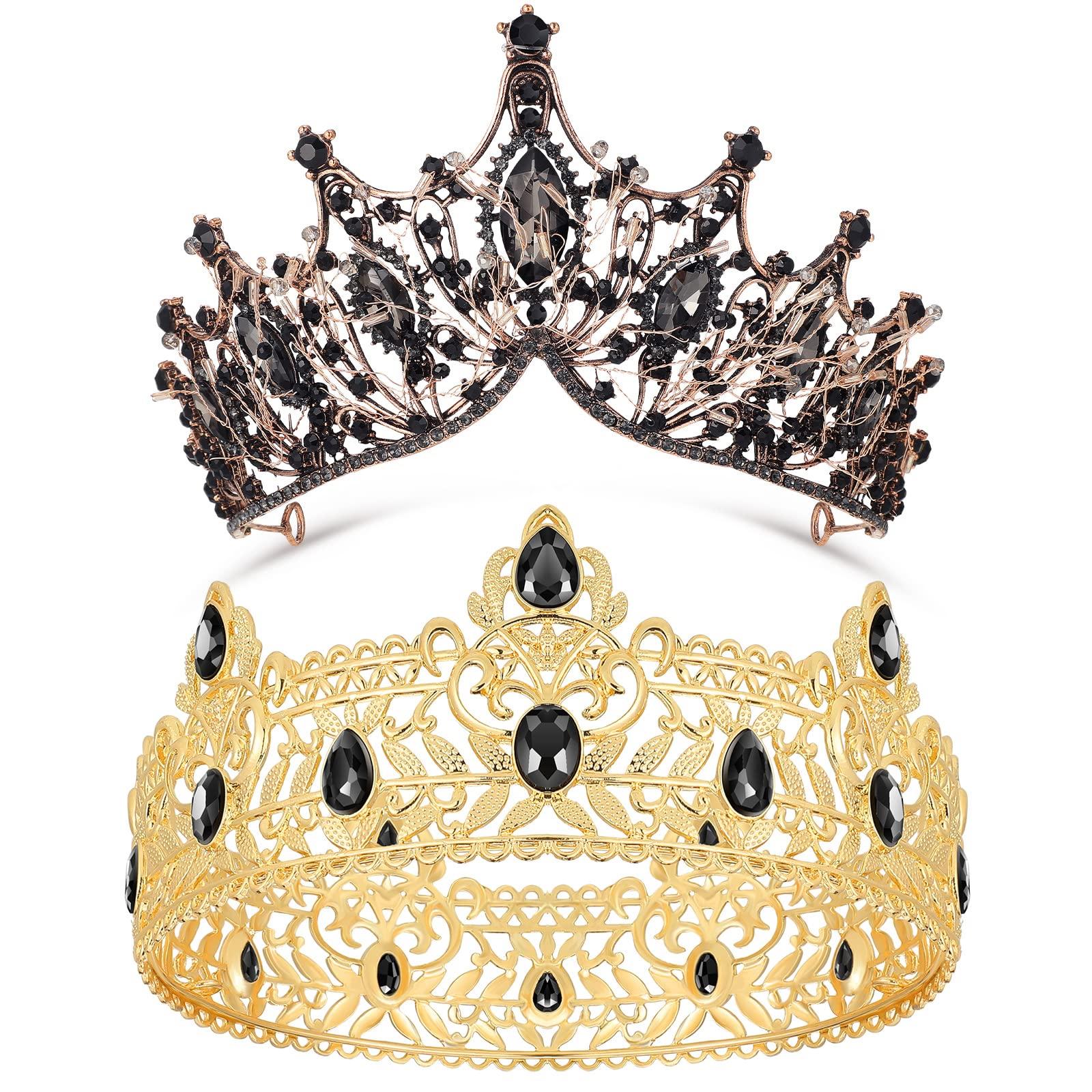 3585 2 Pieces Baroque Crown King and Queen Crown Set Black Rhinestone King and Queen Crowns Set - Black Rhinestone Crystal Royal  main image 4