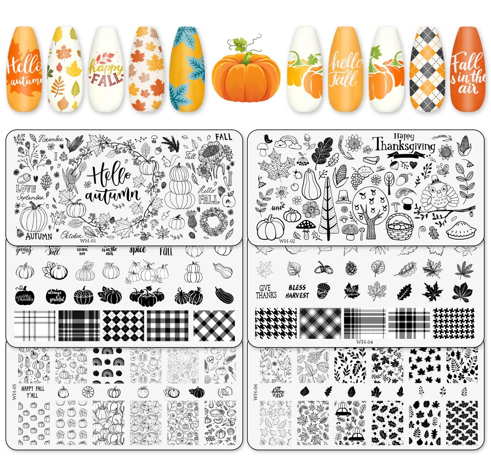 Thanksgiving Nagelstempelplatten – 5 Stück, 126 Muster, Edelstahl – Herbstmotive Wie Kürbis & Ahornblatt