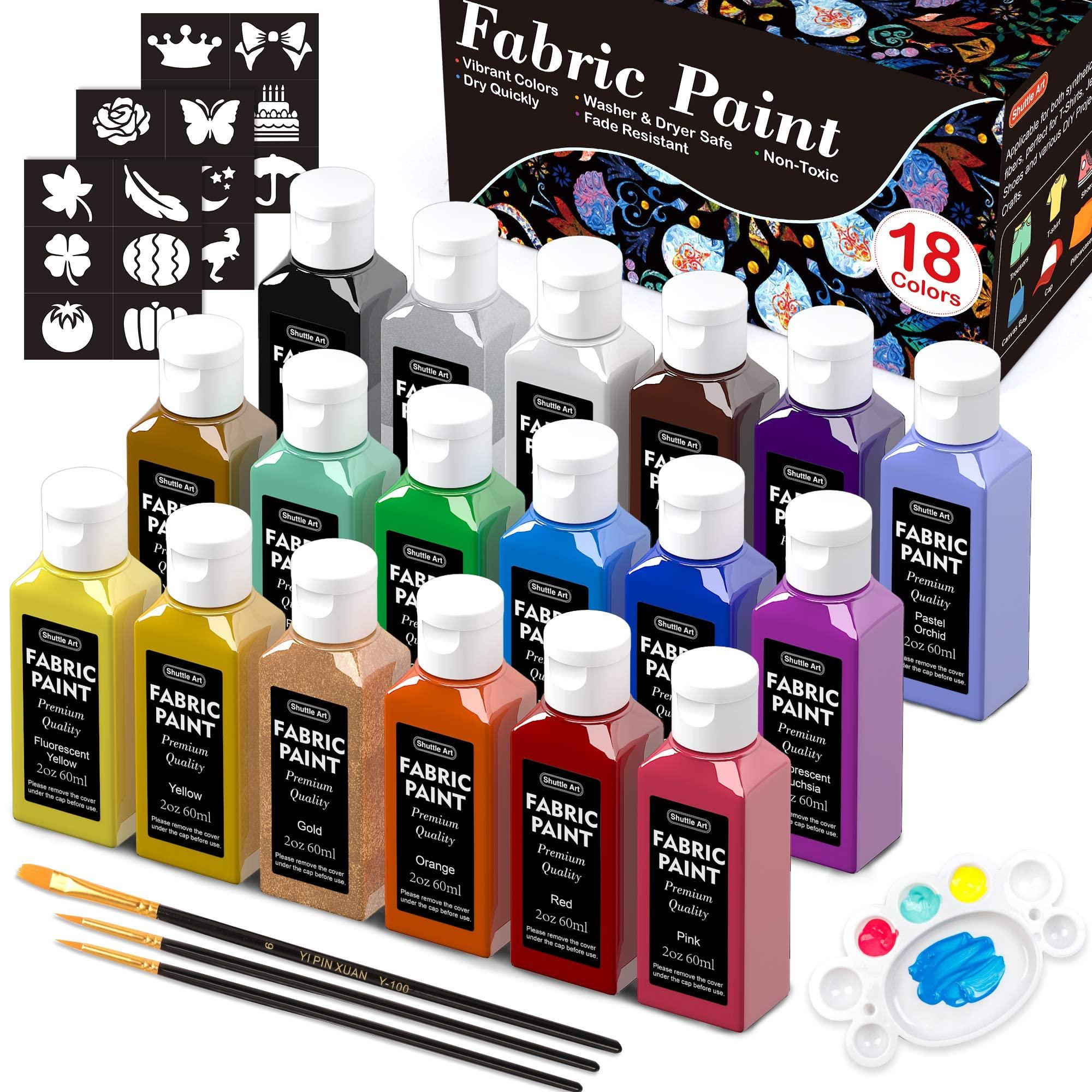 Shuttle Art Permanente Textielverf, 18 Kleuren Stoffenverf voor Kleding ( 60ml), Wasbestendige Textielverf zonder Verwarming, Niet-Giftig met Borstels, Palet & Sjablonen voor T-Shirts, Schoenen, Jeans