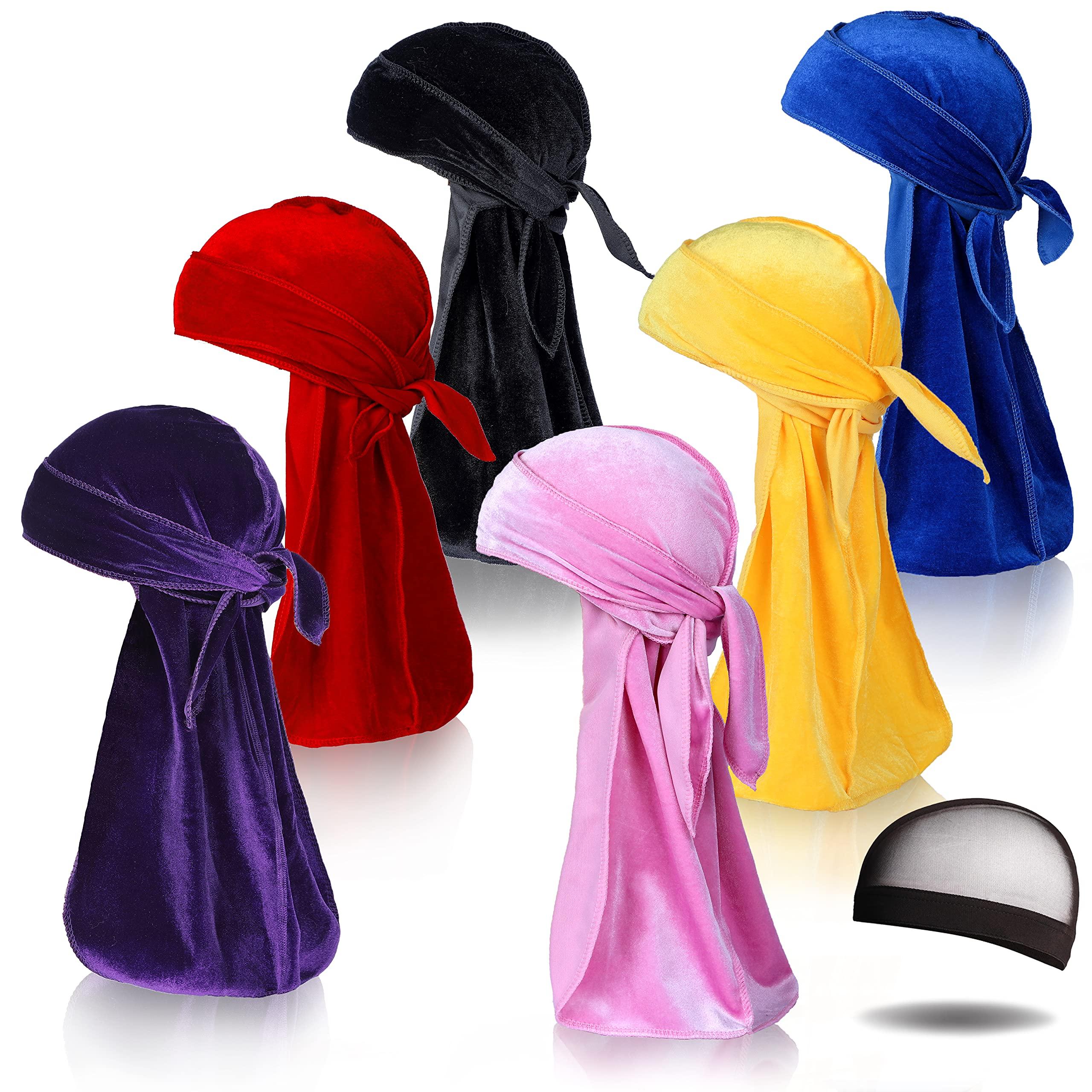 7 pezzi Silky Durags con coda lunga e 1 pezzo di raso Wave Cap, Pack Do Stracci per uomo 360 Waves