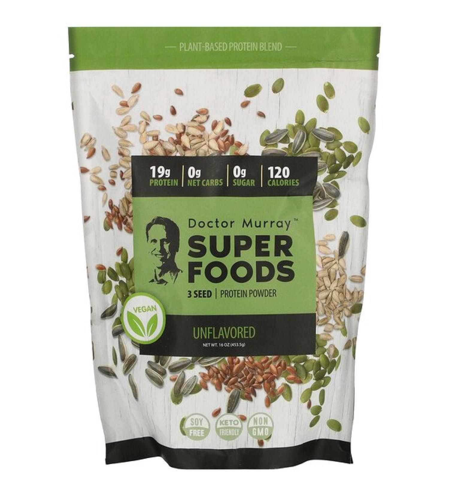 Dr. Murray's Super Foods 3 Seed Vegan Protein Powder Unflavored 16 oz (453.5 g)