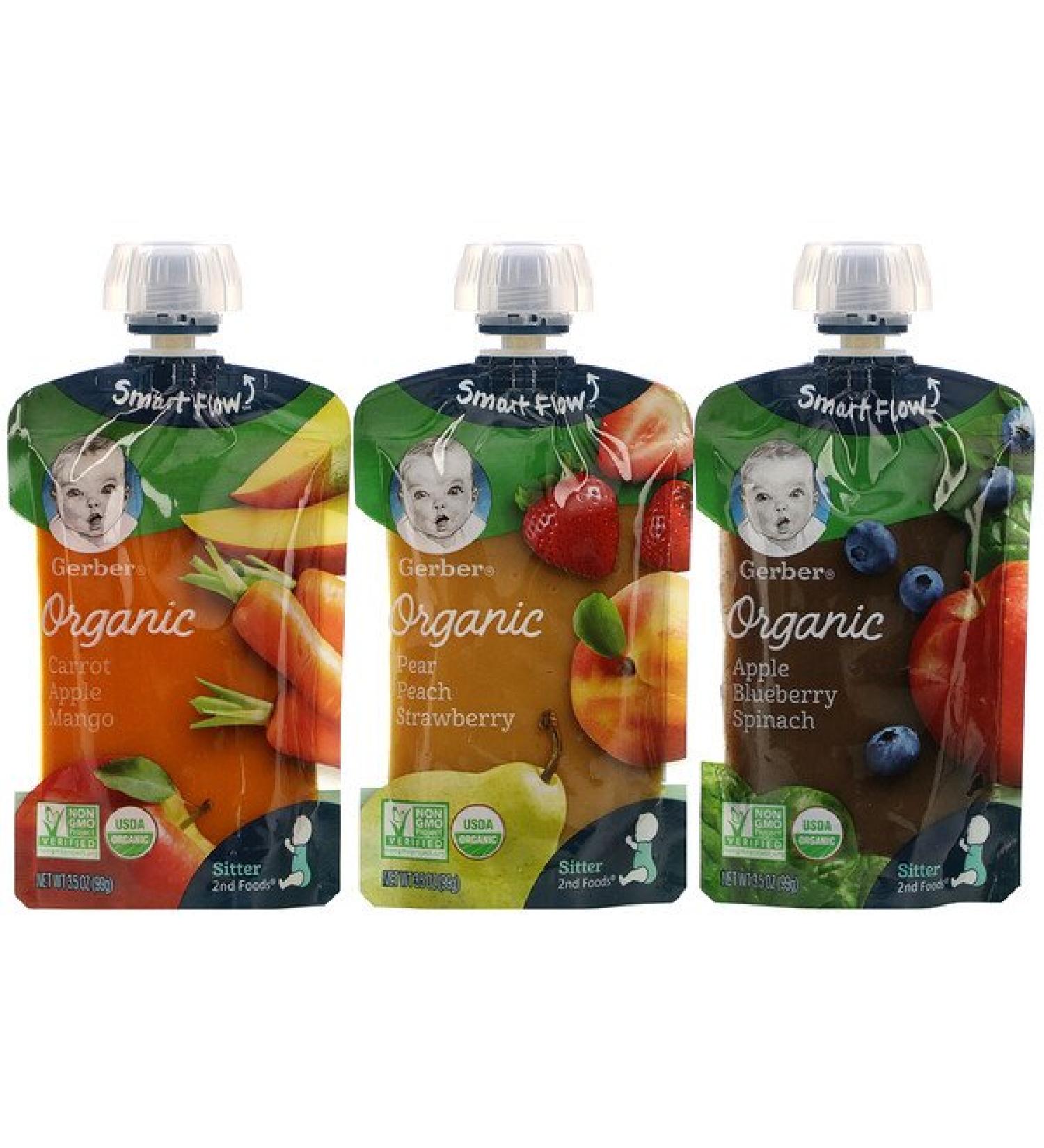 Gerber Organic Value Pack  Pear Peach Strawberry Carrot Apple Mango Apple Blueberry Spinach 9 Pouches 3.5 oz (99 g) Each