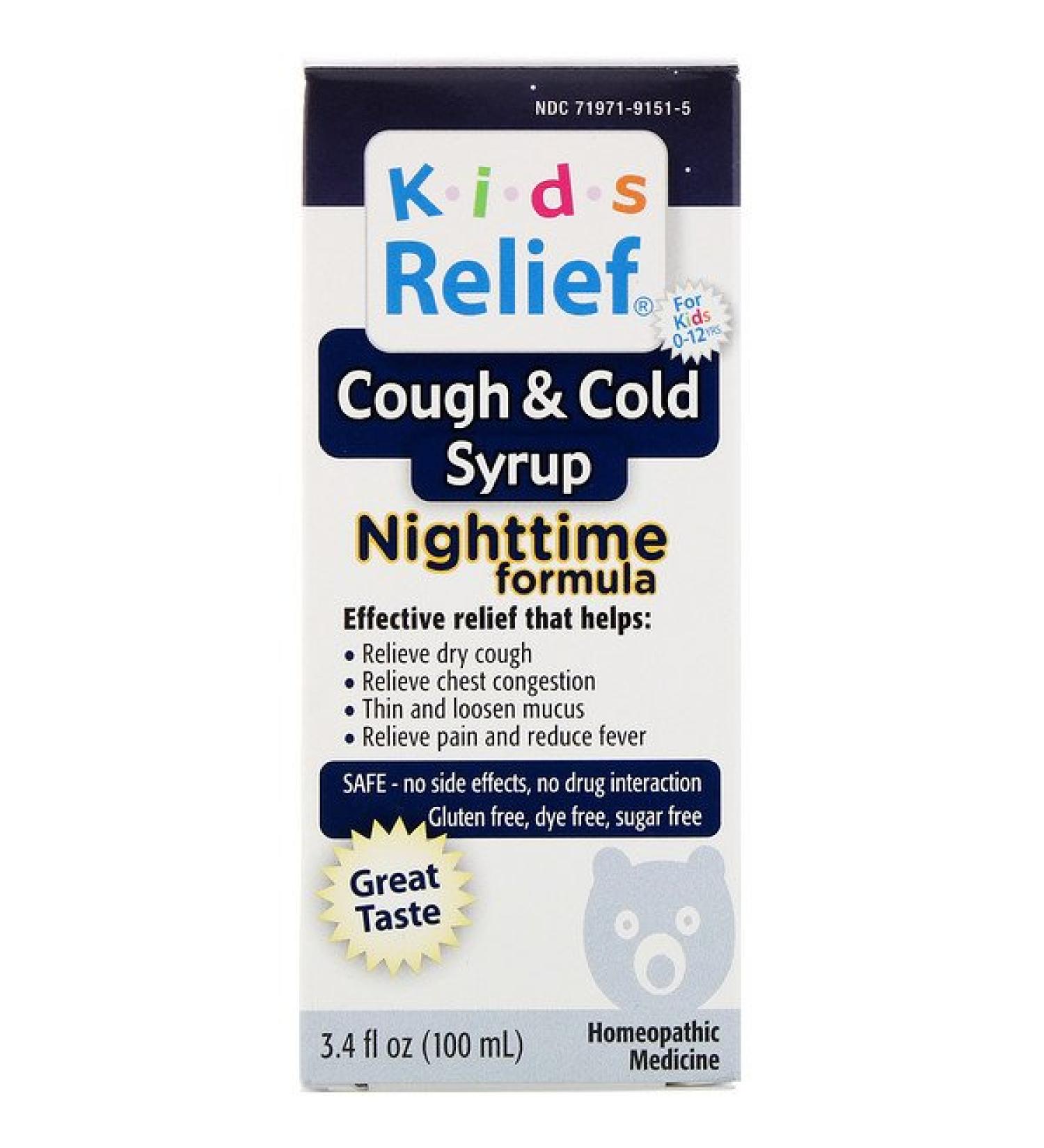 Homeolab USA Kids Relief Cough & Cold Syrup Nighttime Formula For Kids 0-12 Yrs 3.4 fl oz (100 ml)