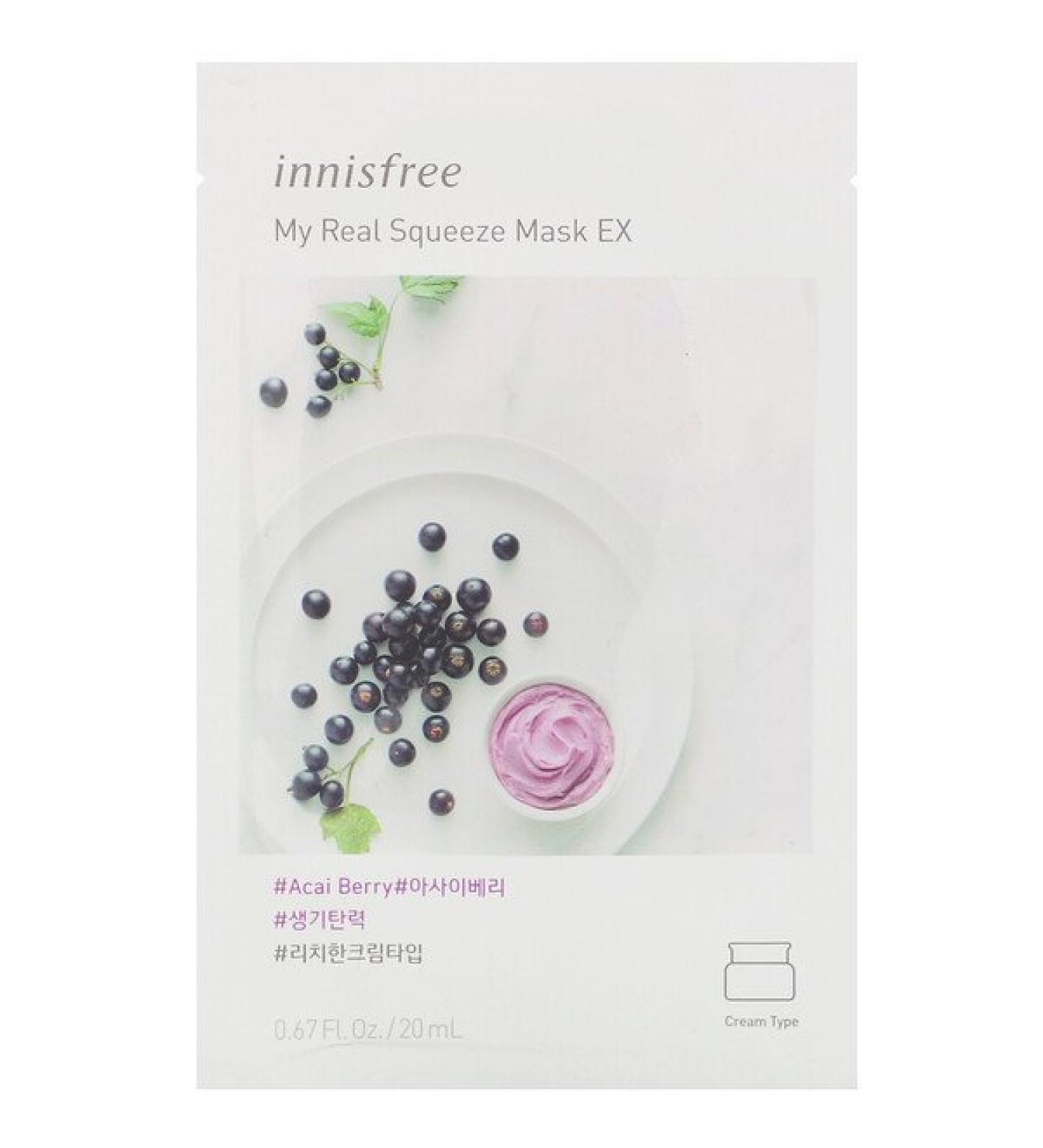 Innisfree My Real Squeeze Beauty Mask EX Acai Berry 1 Sheet 0.67 fl oz (20 ml)