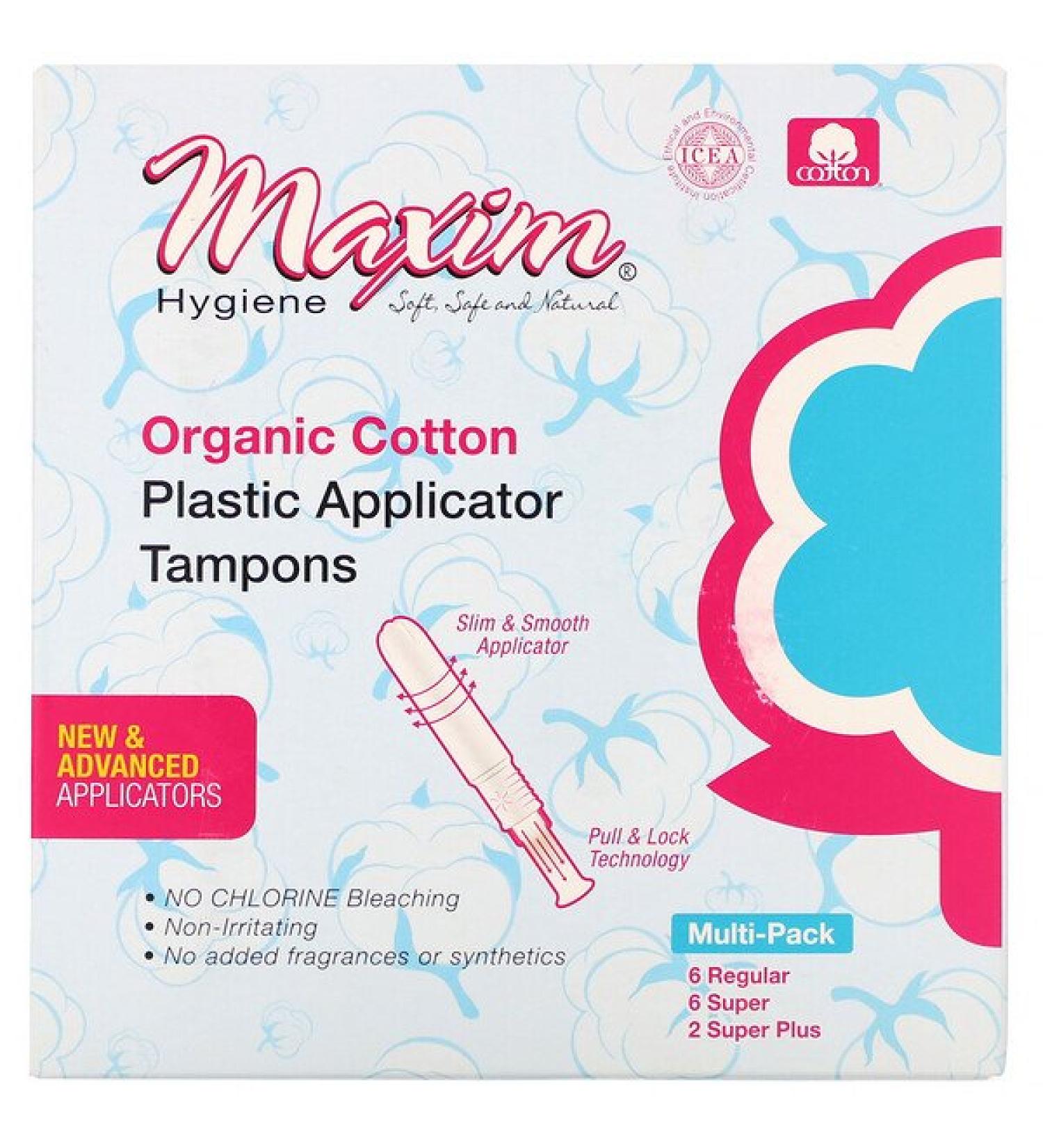 Maxim Hygiene Products Organic Cotton Plastic Applicator Tampons Multi-Pack 14 Count