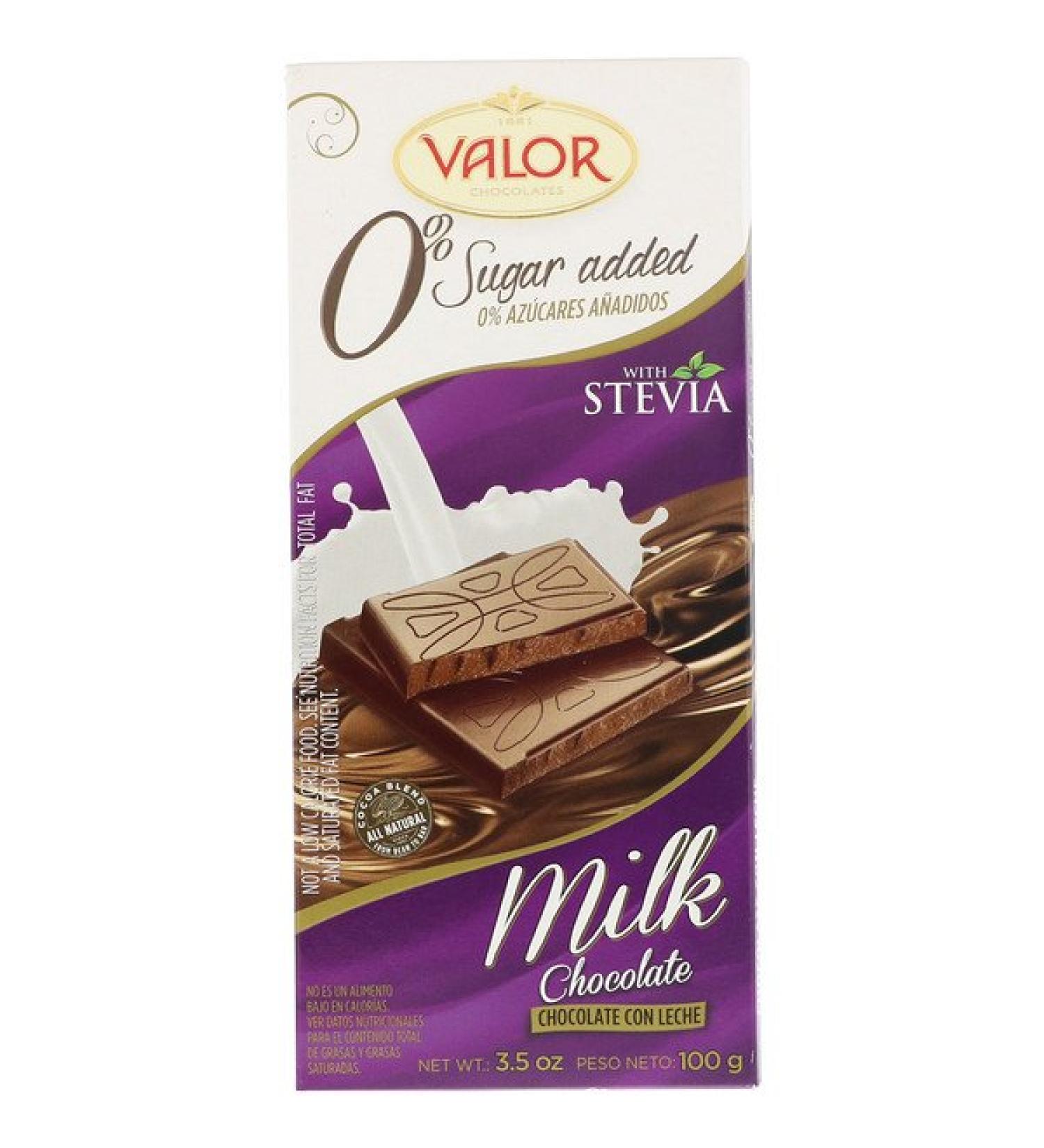 Valor Milk Chocolate Bar with Stevia 0% Sugar Added 3.5 oz (100 g)
