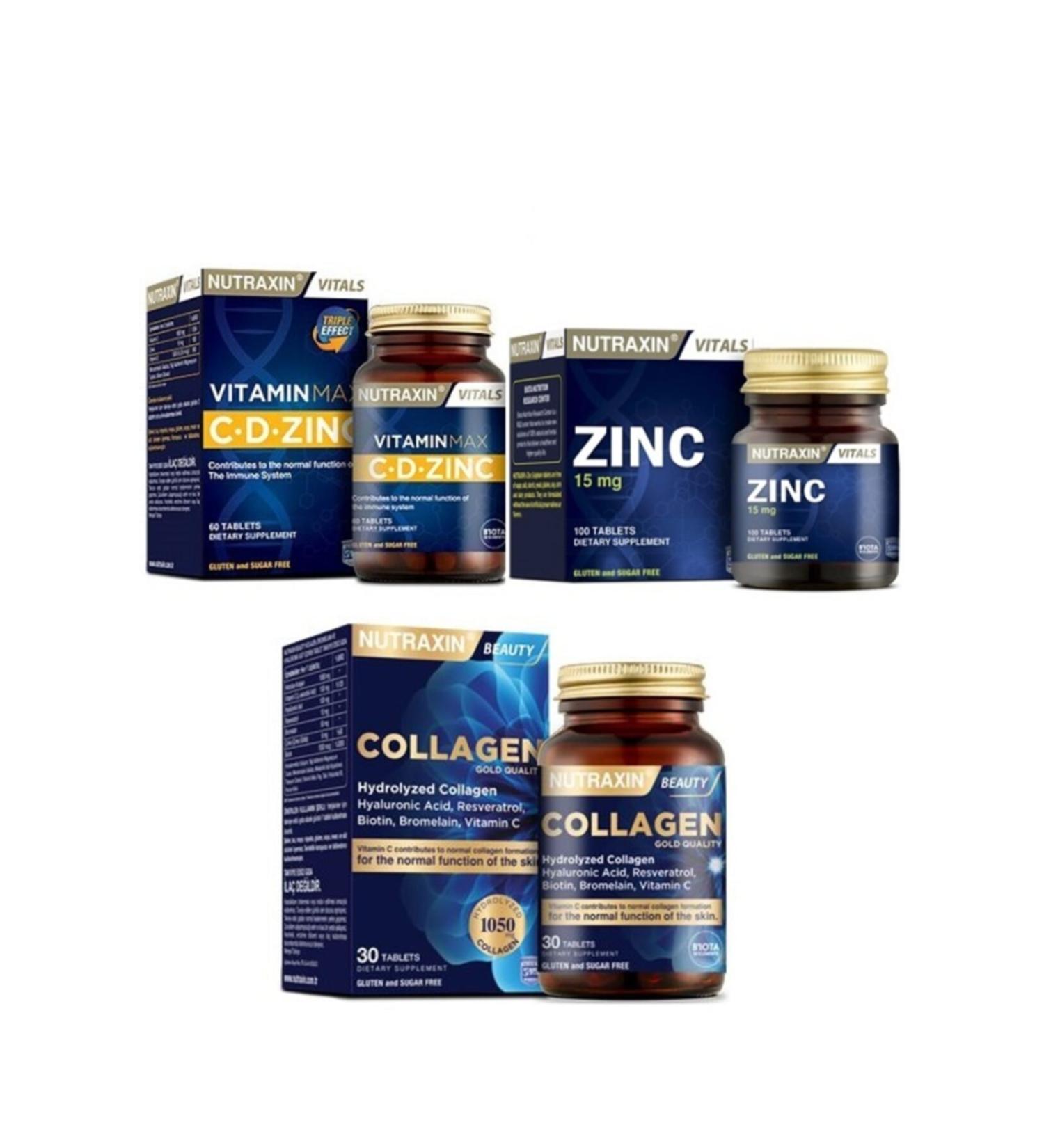 Nutraxin Supplement Set-zinc 15 Mg 100 Tablets + Type 1 and Type 3 Hydrolyzed Collagen Containing 30 Tablets + Vitamin Max